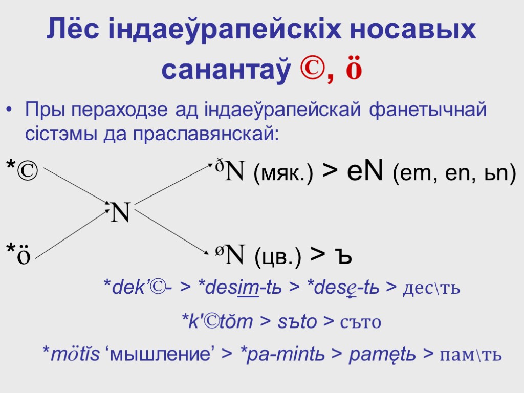 Лёс iндаеўрапейскіх носавых санантаў ©, ö Пры пераходзе ад індаеўрапейскай фанетычнай сістэмы да праславянскай: